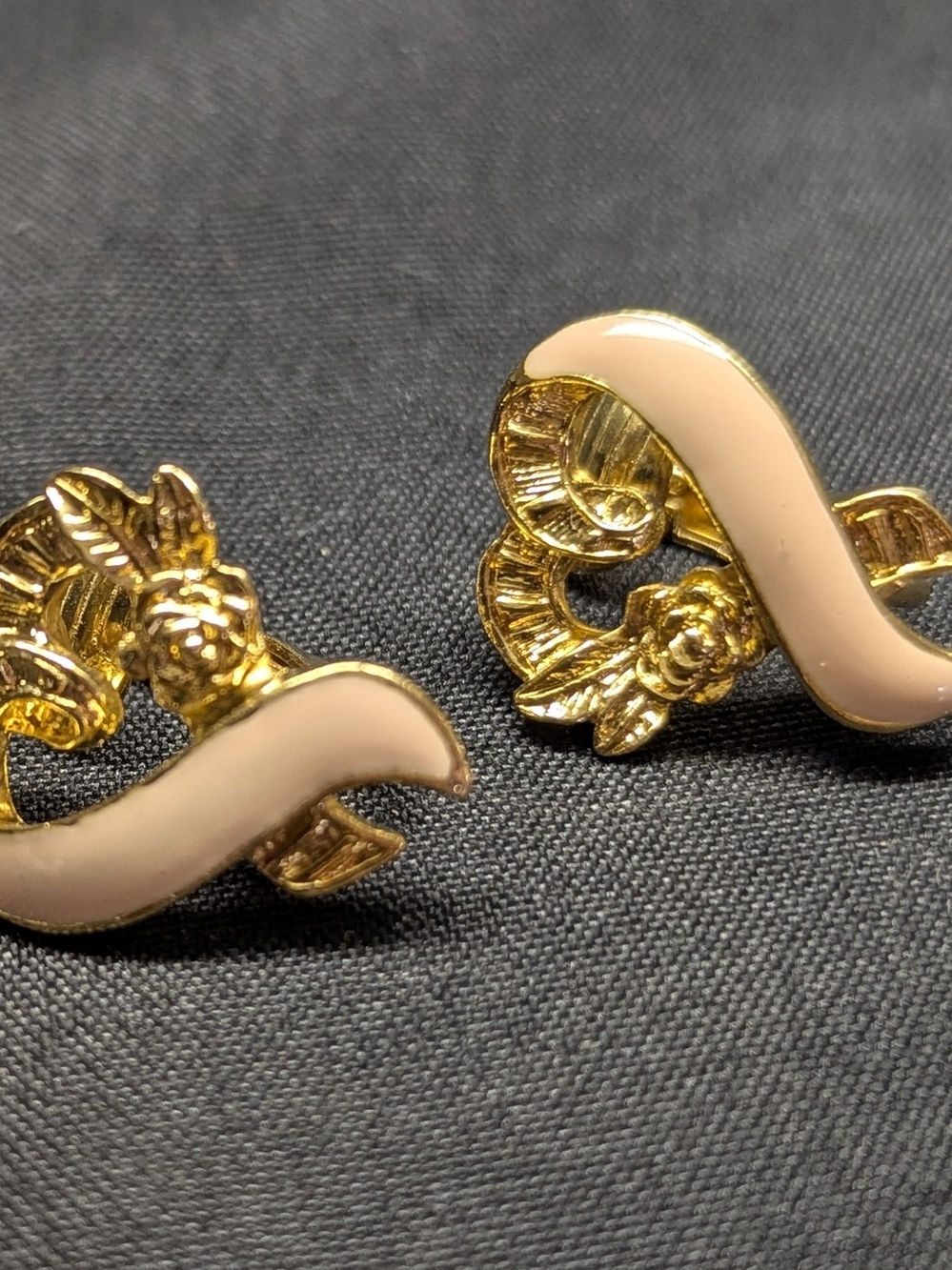 Breast Cancer Clip-On Earrings with Pink Ribbon and Gold Rose Accents by Avon